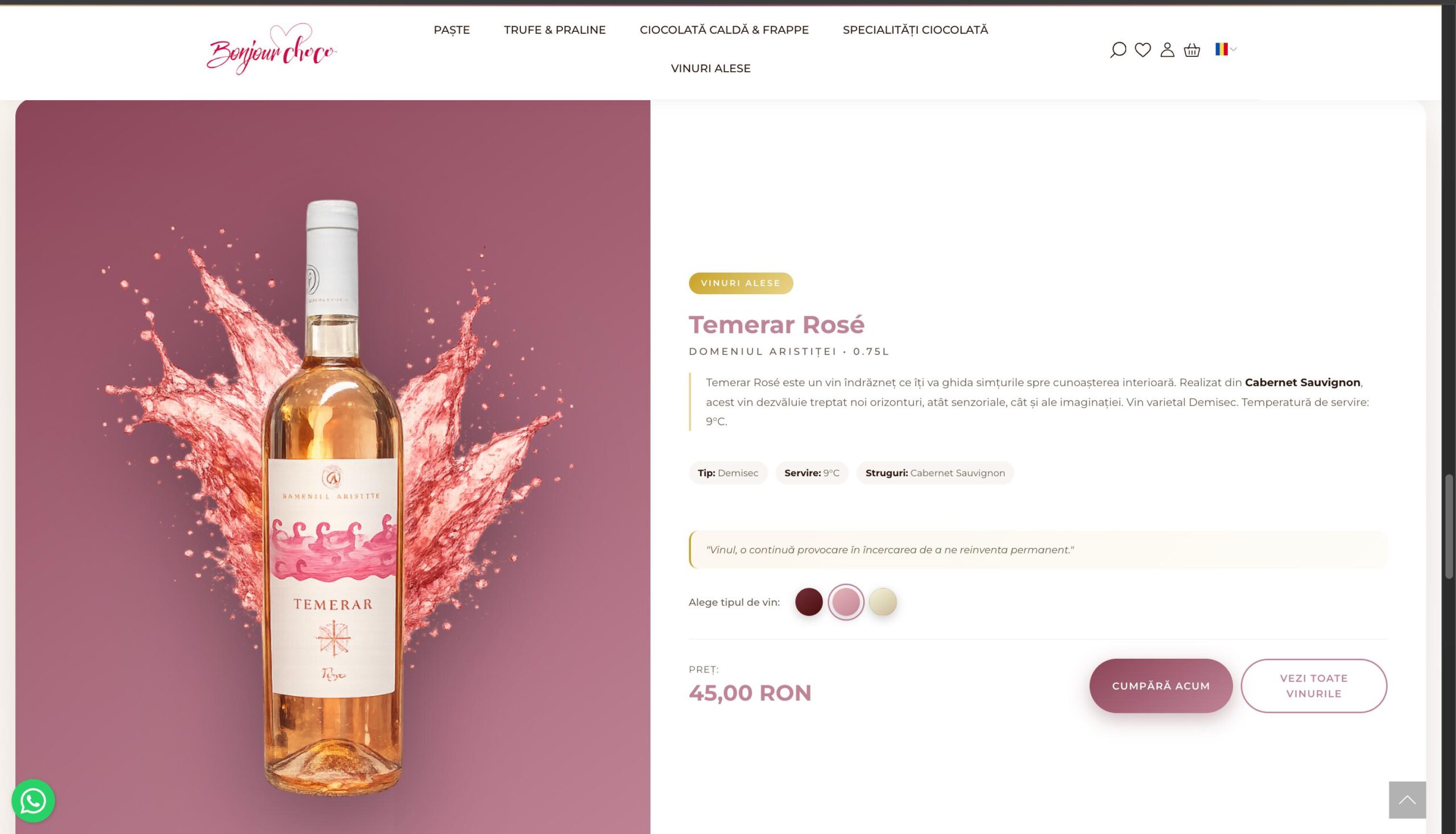Bonjour Choco secțiune nouă vinuri Domeniul Aristiței