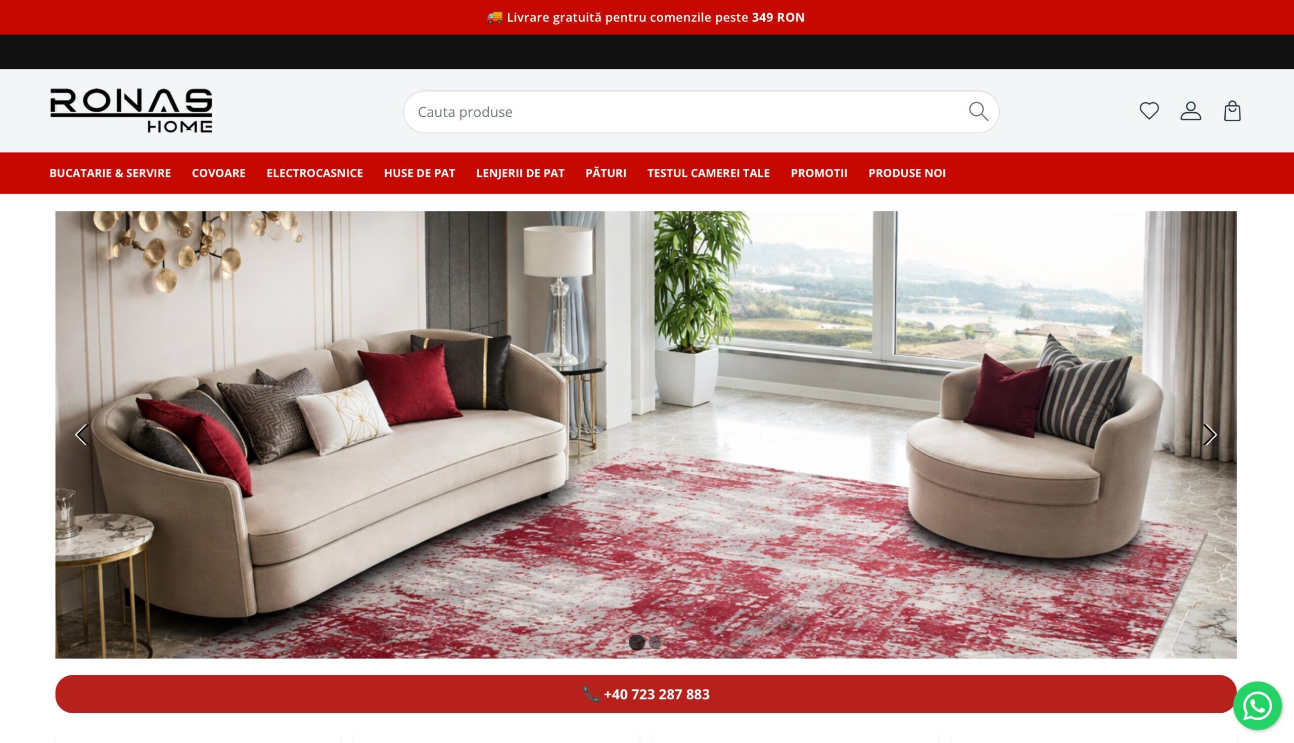 Ronashome homepage nouă MerchantPro cu hero section custom