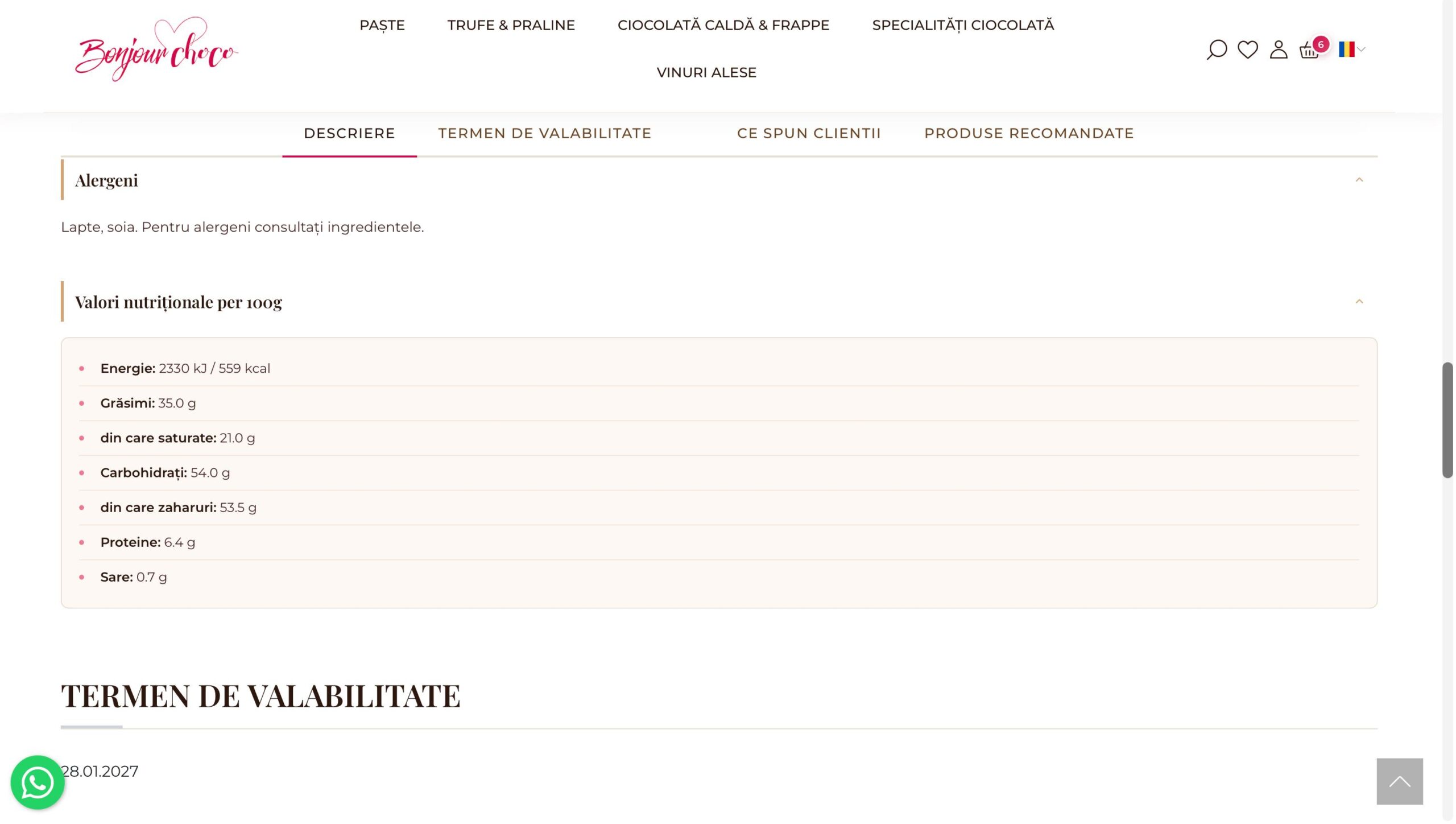 Bonjour Choco toast notification, info delivery și slider produse similare