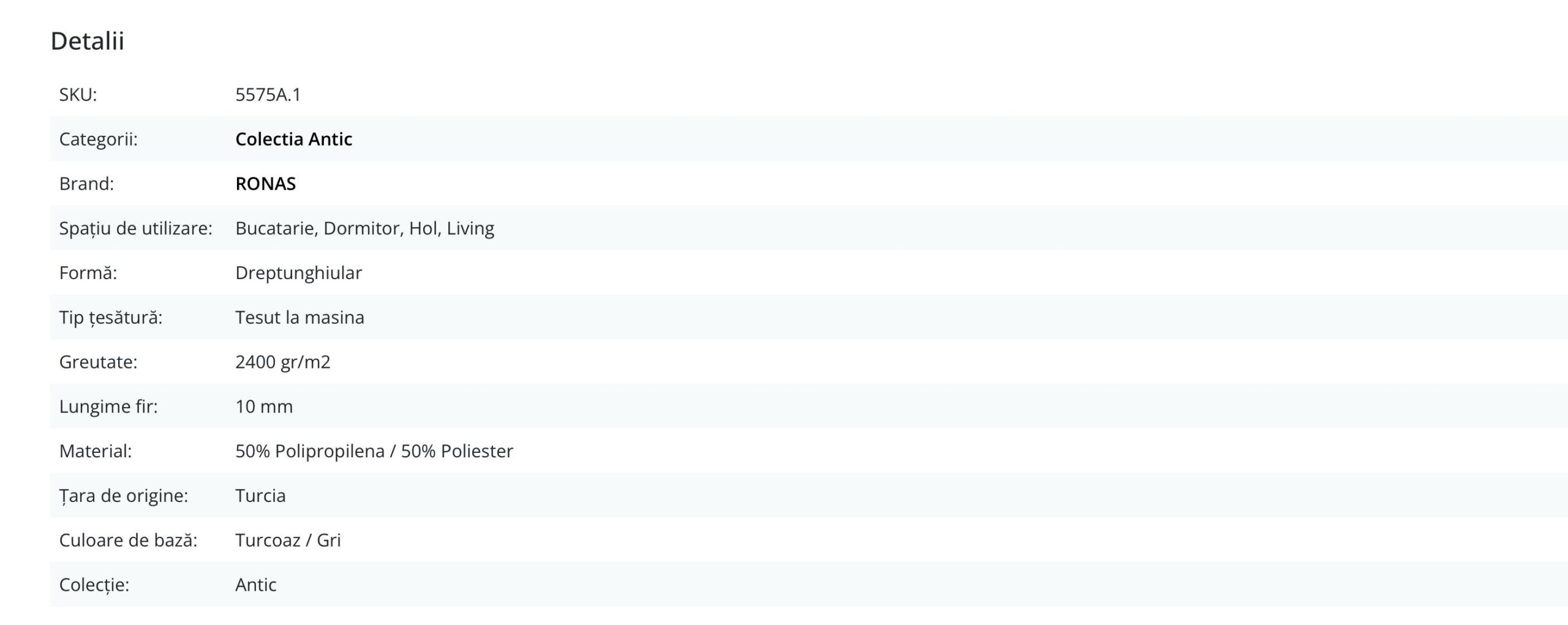 Ronashome atribute filtrabile extrase — material, formă, greutate, culoare, colecție
