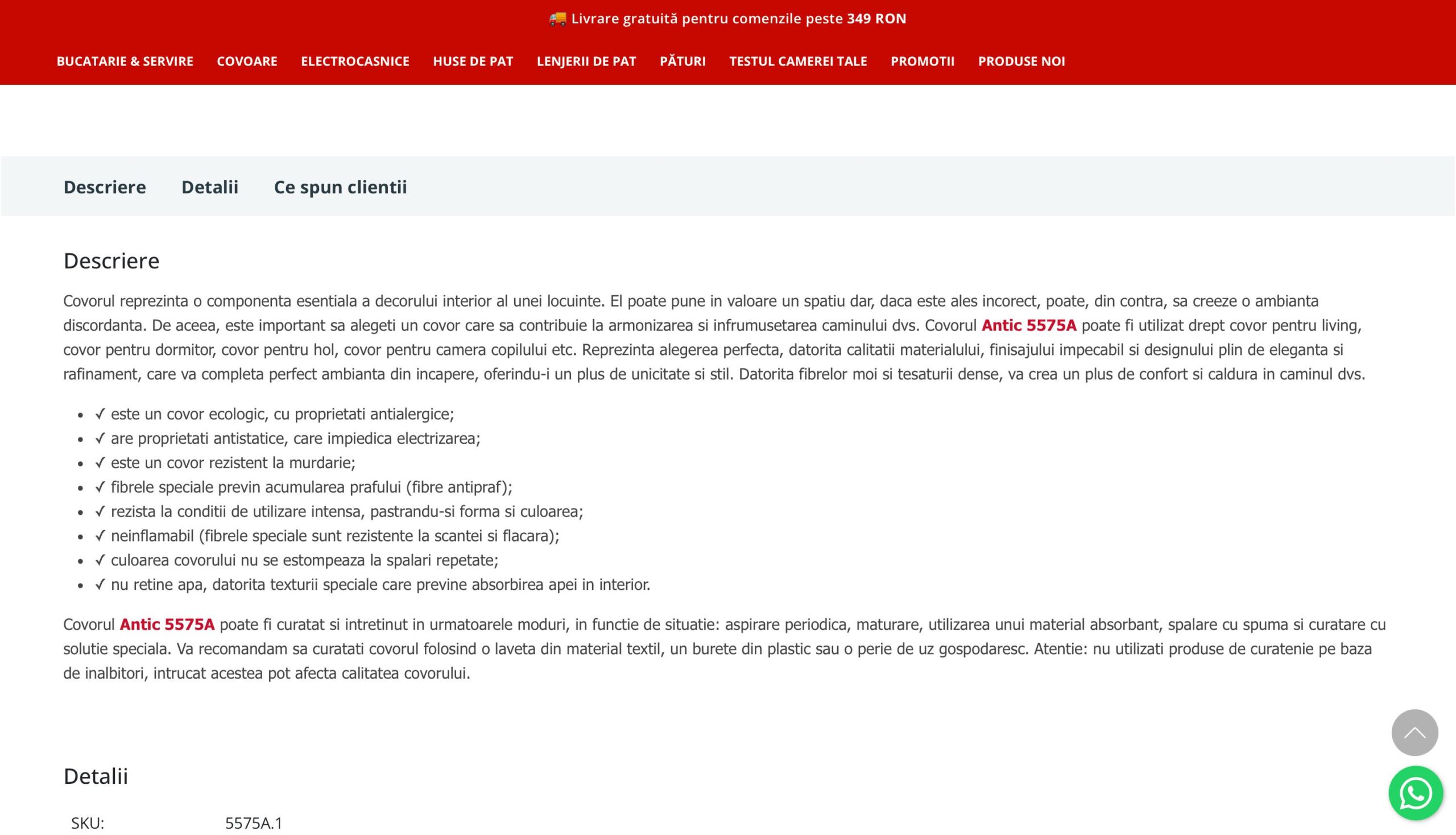 Ronashome descriere produs HTML cu tabele specificații